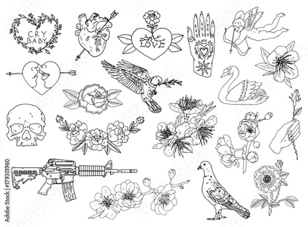 Fototapeta Set of military and amour patches elements. Set of stickers, pins, patches and handwritten notes collection in cartoon 80s-90s comic style.Vector stikers kit