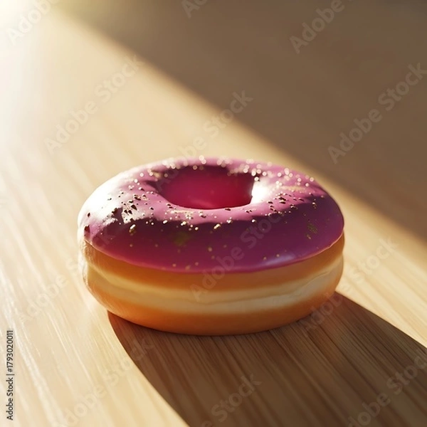 Fototapeta Close up of a delicious glazed donut with purple icing on a wooden table