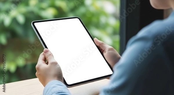 Fototapeta Person holding a tablet computer with a blank white screen outdoors
