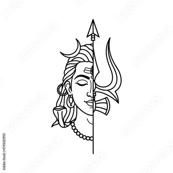 Fototapeta Ardhanarishvara Shiva vector illustration, half Shiva, half trishul line art