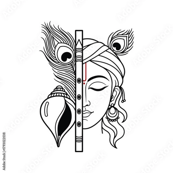 Fototapeta lord krishna vector illustration half face, flute, peacock feathers, conch shell outline