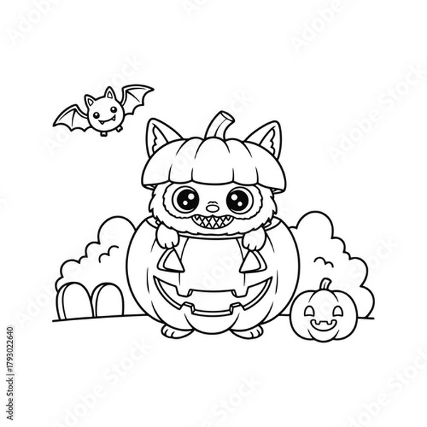Fototapeta halloween cat vector illustration spooky kitten in pumpkin, flying bat, scary outline
