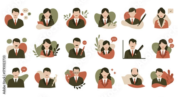 Fototapeta Collection of diverse business professional avatars featuring male and female corporate employee icons with communication and work elements
