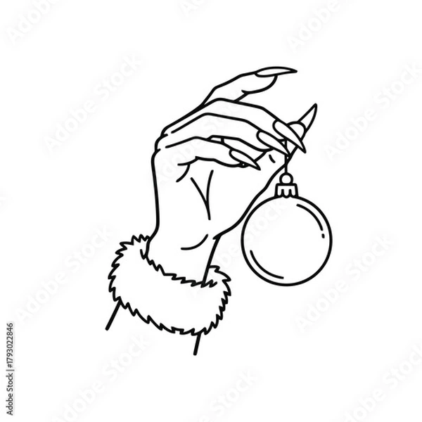 Fototapeta spooky christmas a gothic hand with sharp nails and a furry cuff holding a single bauble