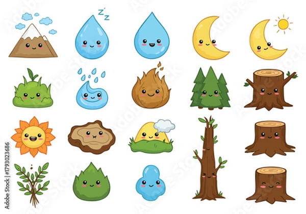 Fototapeta Adorable natural world elements collection featuring smiling mountains water drops fire trees and celestial bodies in a playful kawaii style