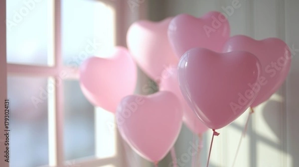 Fototapeta Pink heart-shaped balloons floating indoors near a sunlit window.