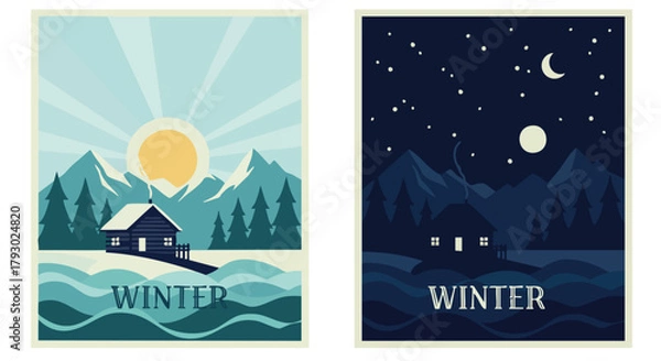 Fototapeta Charming winter landscape illustrations depicting serene day and peaceful night scenes with cozy mountain cabins