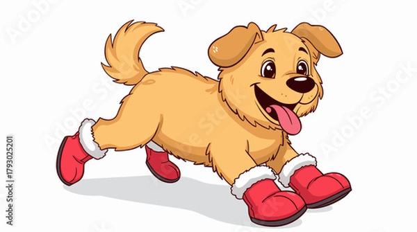 Obraz Joyful fluffy puppy running forward in bright red winter booties across white background