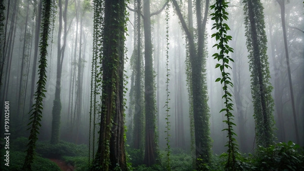 Obraz Misty jungle forest with tall trees draped in hanging vines and lush green foliage image photo Background