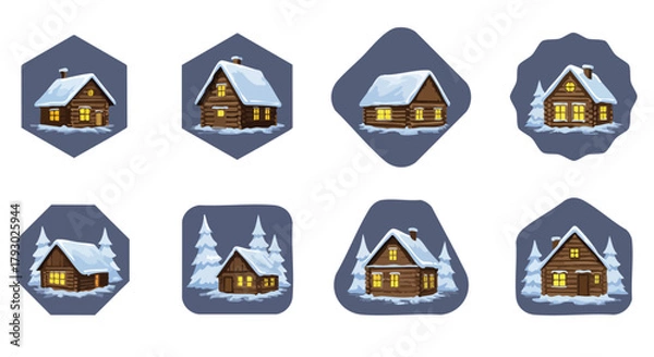 Fototapeta A captivating set of eight charming winter cabin illustrations featuring snow-covered log homes and serene frosted trees on unique dark backgrounds