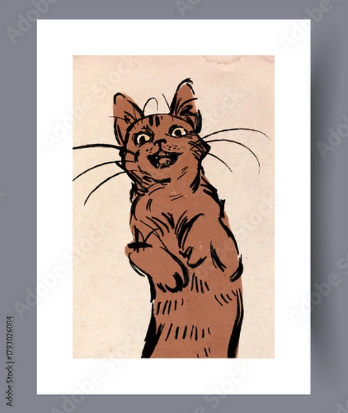 Obraz Nostalgic ink illustration featuring mischievous cat on parchment