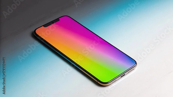 Fototapeta Modern Smartphone with Vibrant Rainbow Gradient Screen Display on Reflective Surface mobile phone Background