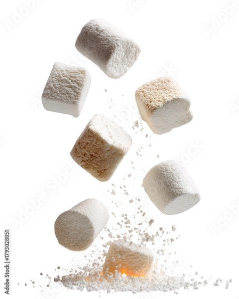 Obraz Several marshmallow squares, various shades of white and beige, are suspended in mid-air, seemingly bursting from a pile of powdered sugar or similar confectionery