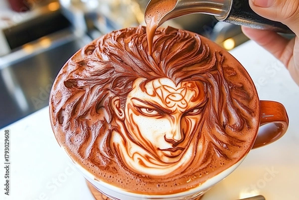 Fototapeta Person pouring a latte, creating intricate latte art on the surface of the coffee