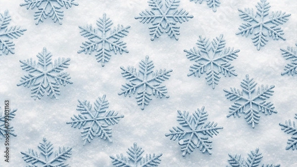 Fototapeta Pattern of Light Blue Snowflakes Scattered on White Snow Background winter texture