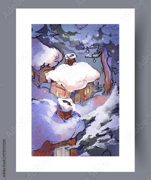 Obraz enchanting snowy cottage in woods, whimsical snowcovered cottage nestled among enchanted forest trees