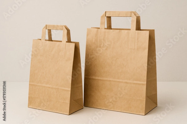 Fototapeta Two plain kraft paper bags with sturdy handles standing side by side on a neutral background, simple eco-friendly packaging perfect for gifts, shopping, or branding