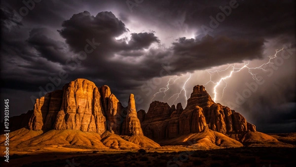 Fototapeta Powerful lightning strike illuminates desert rock formations during a dramatic storm mesa Background