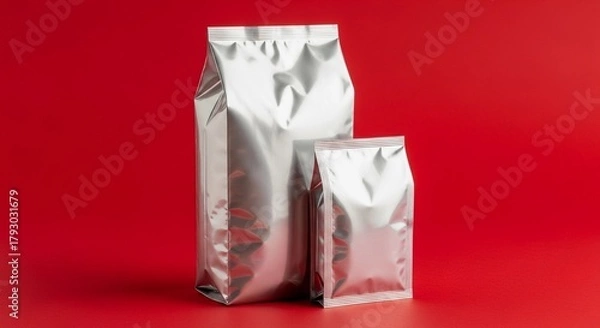 Obraz Two metallic silver block-bottom bags, a large and a smaller one, showcasing packaging mockup against a vibrant red background.