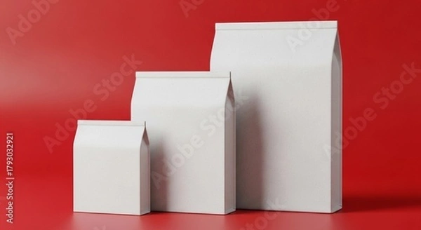 Obraz Three different sized blank white paper block-bottom bags standing in a row against a vibrant red studio background.
