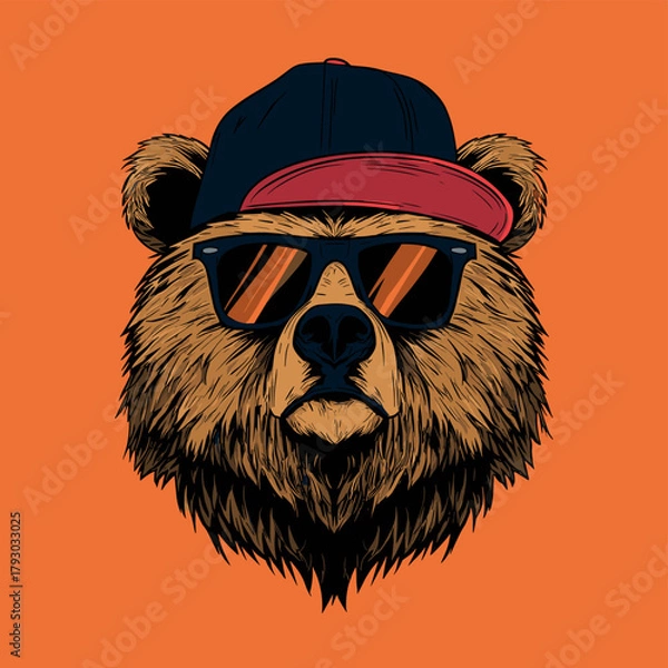 Fototapeta Vector illustration of a bear in a baseball cap and sunglasses