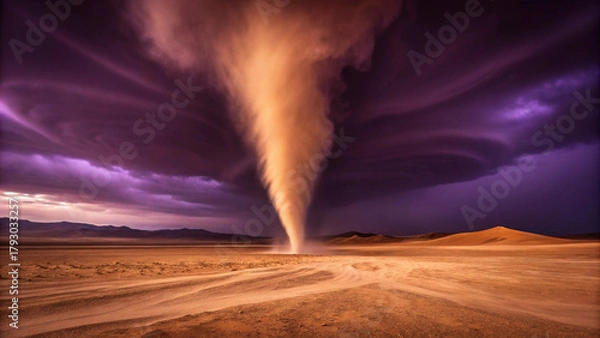 Fototapeta Powerful Tornado Swirling Dust in a Desert Landscape Under Dramatic Stormy Skies dust devil Background