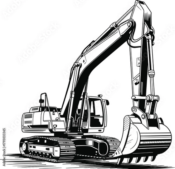 Fototapeta Hydraulic excavator, construction equipment, heavy machinery, tracked vehicle, digging arm, industrial machine, earth mover, engineering tool, site work, mechanical power
