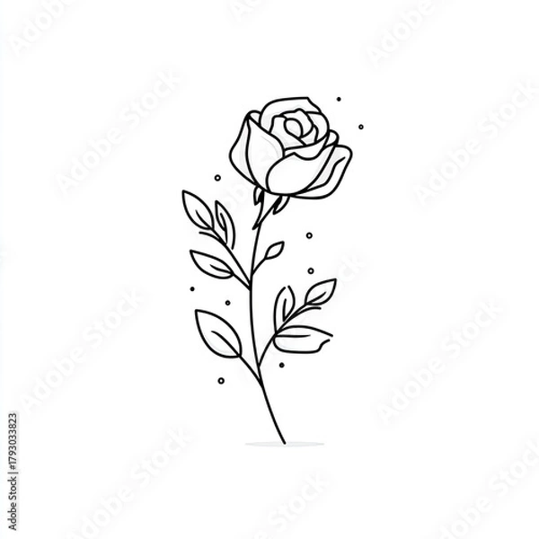 Fototapeta Rose outline illustration single blossom, stem, leaves, and scattered dots