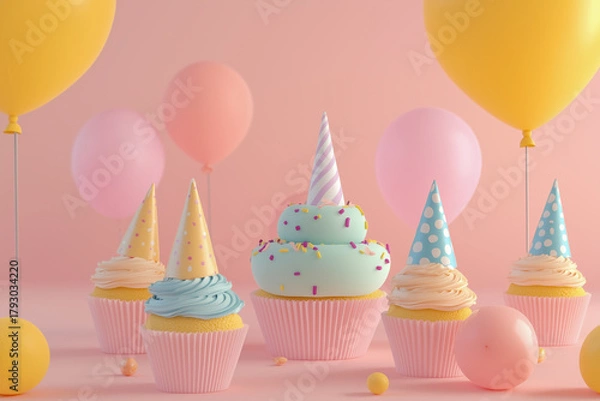 Fototapeta Table set for a birthday party with cupcakes, party hats, and balloons