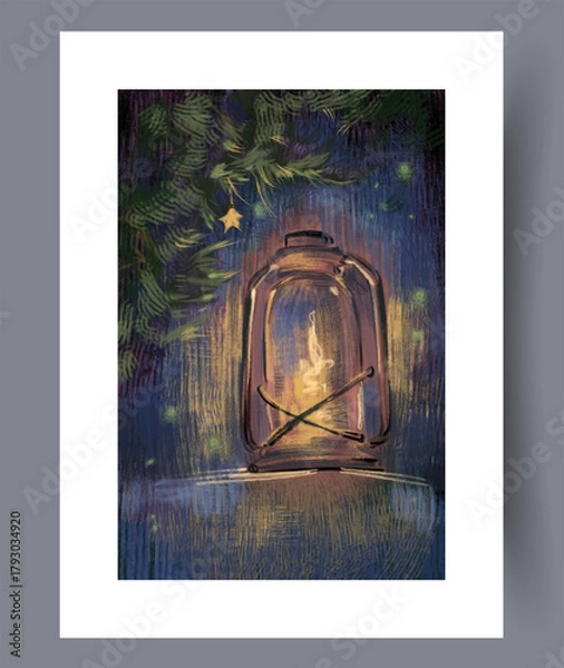 Obraz warm nostalgic scene, rustic glow with glowing star, serene scene with candle and evergreen