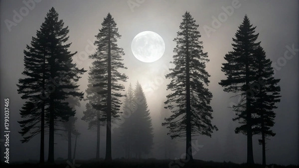 Fototapeta Silhouetted Pine Trees Under a Full Moon in a Misty Forest moonlight Background