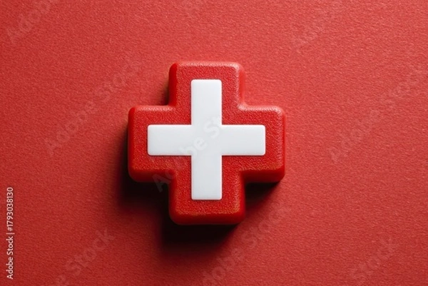 Fototapeta 3D red plus with white cross, centered on saturated red background