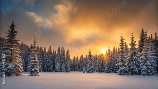Obraz Snow- Covered Pine Forest at Sunset with Golden Sunburst Through Trees nature winter Background