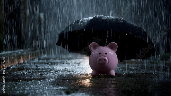 Fototapeta Symbolic financial protection scene with pink piggy bank sheltered by umbrella in rain