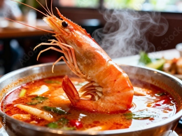 Obraz Steaming Hot Bowl of Tom Yum Goong (Thai Spicy Shrimp Soup)