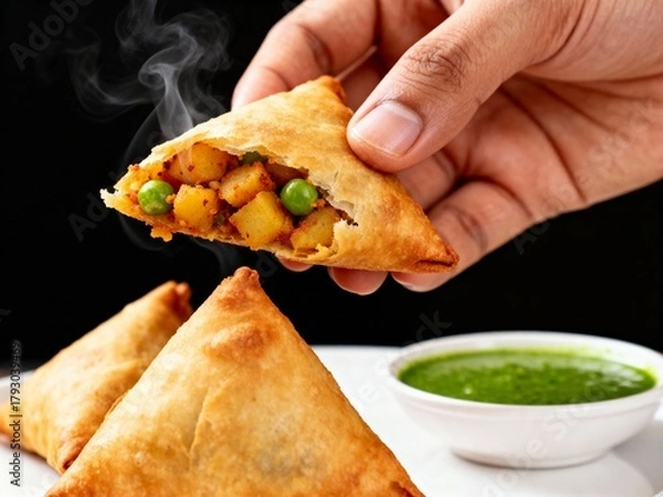 Obraz Hand Holding a Hot, Steaming Samosa with Potato and Pea Filling