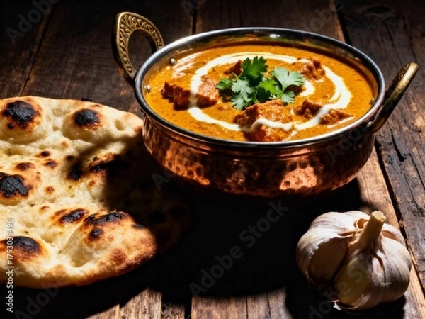 Obraz Authentic Indian Butter Chicken (Murgh Makhani) in a Copper Karahi with Naan Bread