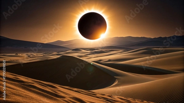 Fototapeta Solar Eclipse Over Desert Sand Dunes at Sunset moon Background