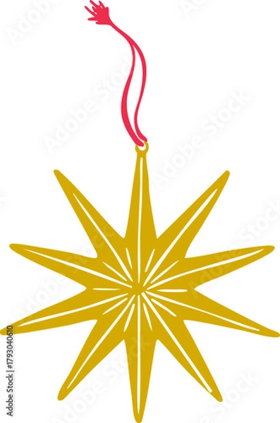 Obraz Minimalist Christmas star ornament line art illustration — elegant winter holiday decoration with hanging ribbon, simple Scandinavian festive graphic, modern outline vector for seasonal design project