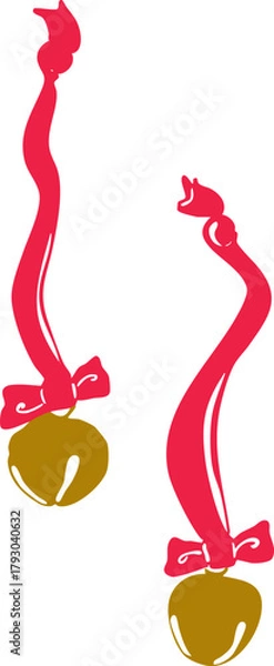 Obraz Minimalist hanging jingle bells line art illustration — elegant Christmas decoration with ribbon bows, simple Scandinavian winter graphic, modern outline vector for seasonal design projects.