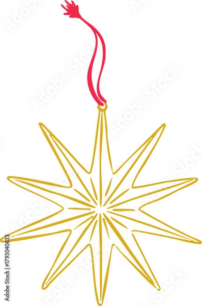 Obraz Minimalist Christmas star ornament line art illustration — elegant winter holiday decoration with hanging ribbon, simple Scandinavian festive graphic, modern outline vector for seasonal design project
