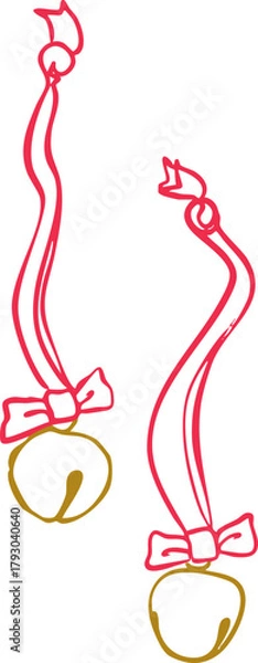 Obraz Minimalist hanging jingle bells line art illustration — elegant Christmas decoration with ribbon bows, simple Scandinavian winter graphic, modern outline vector for seasonal design projects.