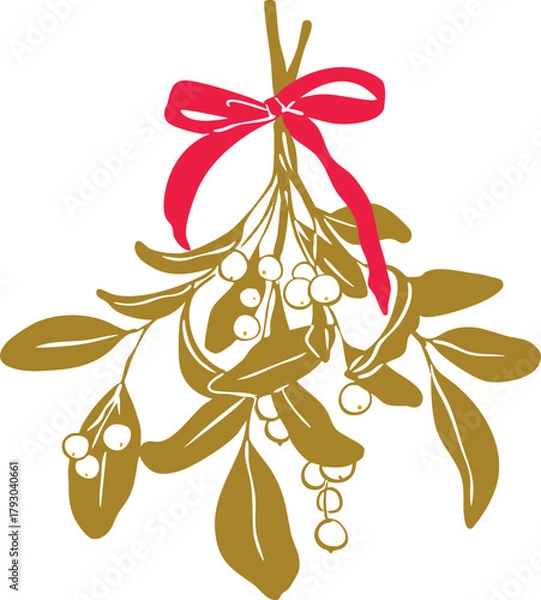 Obraz Minimalist mistletoe with bow line art illustration — elegant Christmas botanical decoration, simple Scandinavian holiday graphic, modern winter outline vector for seasonal design projects.