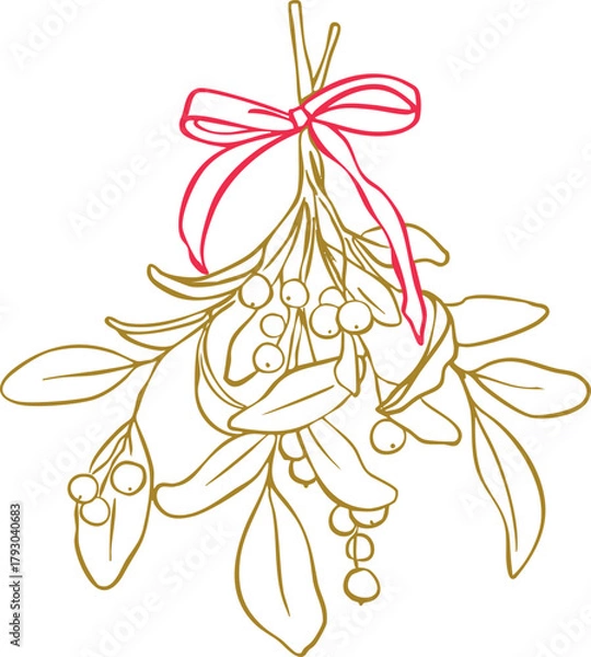 Obraz Minimalist mistletoe with bow line art illustration — elegant Christmas botanical decoration, simple Scandinavian holiday graphic, modern winter outline vector for seasonal design projects.