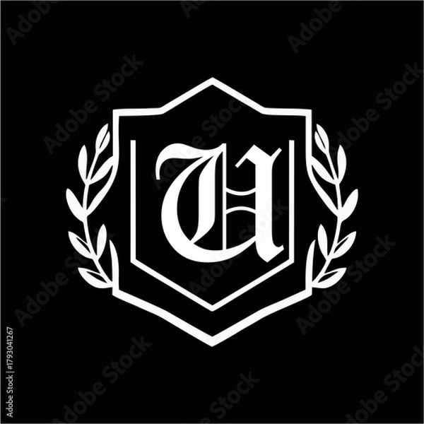 Fototapeta Minimalist Laurel Shield Emblem with Letter A-Z in Elegant Heraldic Design, Combining Royal Aesthetics, Classic Style, and Premium Brand Identity for Luxury and Exclusive Branding Use