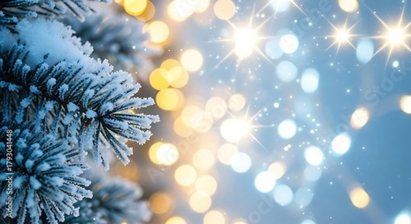 Fototapeta Frosted Pine Branch with Golden and Blue Bokeh Lights Keywords: Christmas, winter, snow, frost