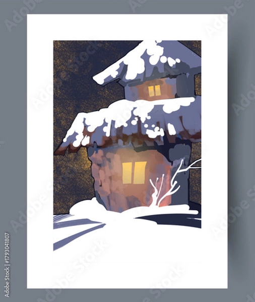 Obraz Idyllic snowy homestead with glowing lights and peaceful surroundings