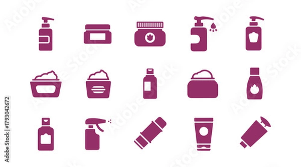 Fototapeta Vector icons representing beauty, cosmetics, and personal care. Includes a bottle, jar, shower gel, face cream, body lotion, spray, ointment, and paste.