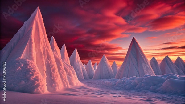 Fototapeta Surreal Arctic Landscape with Jagged Ice Peaks Under a Fiery Sunset Sky image photo Background