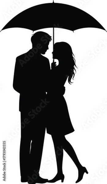 Fototapeta Silhouette couple holding umbrella together, romance, love, protection, intimate moment